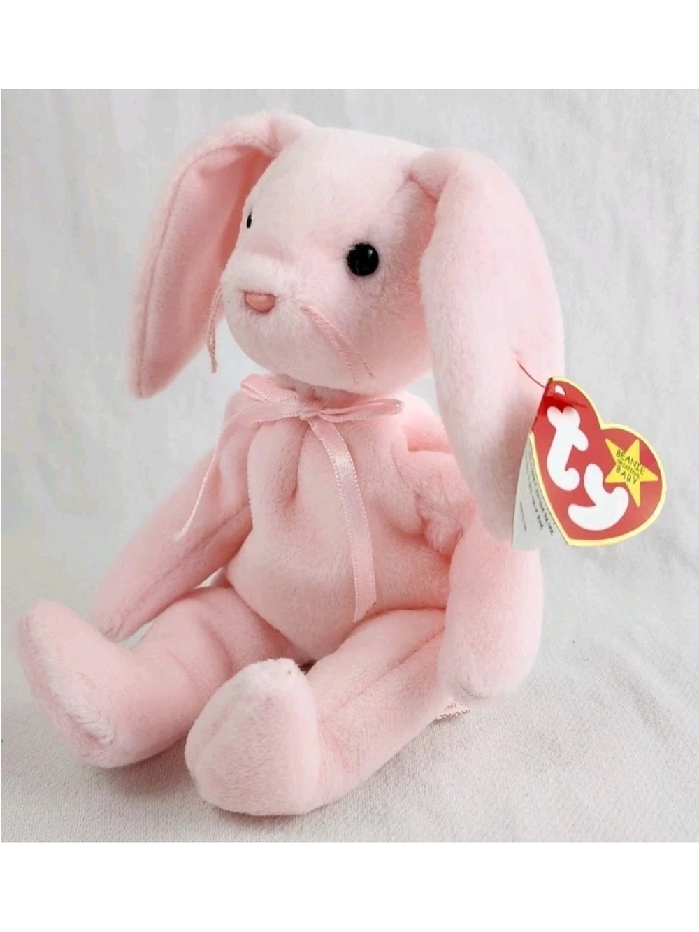 Ty Beanie Baby Hoppity Pink Bunny Plush with Bow - Soft Earred Stuffed Animal